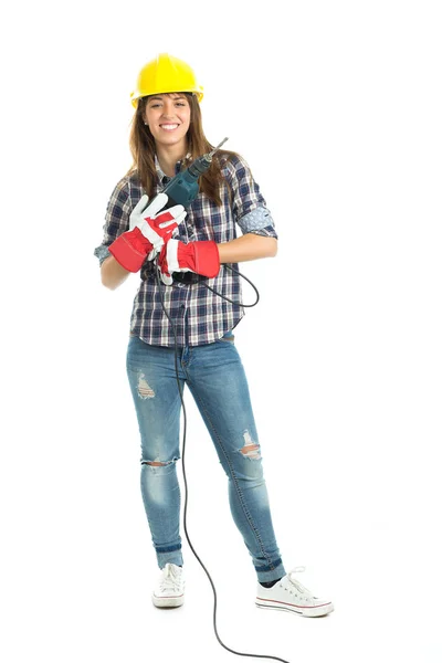 Konstruktor atrakcyjna młoda kobieta z narzędzia Wiertarka szczęśliwy dla dobrej pracy. Na białym tle. — Zdjęcie stockowe