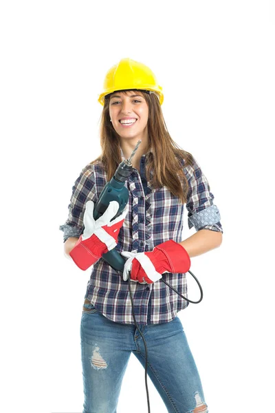 Construtor jovem atraente com ferramenta de broca feliz por um bom trabalho. Isolado sobre fundo branco . — Fotografia de Stock