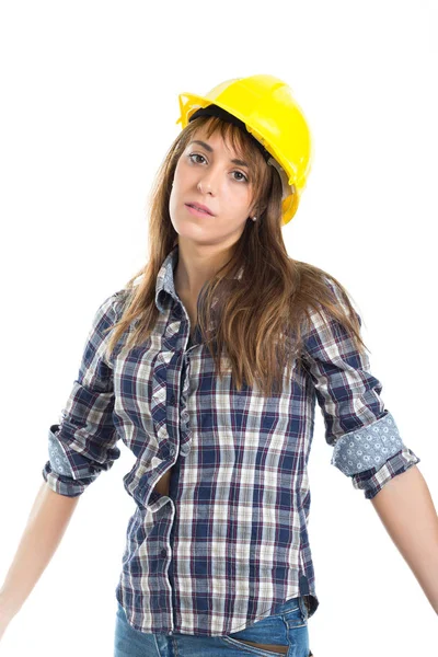 Jovem mulher arquiteta construtor verificar obras de canteiro de obras . — Fotografia de Stock