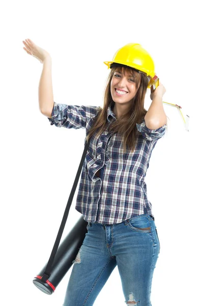 Jovem mulher arquiteta construtor verificar obras de canteiro de obras . — Fotografia de Stock