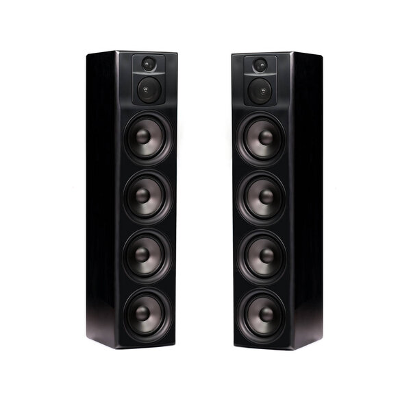 Pair of professional modern audio speakers in black wooden casing isolated on white background