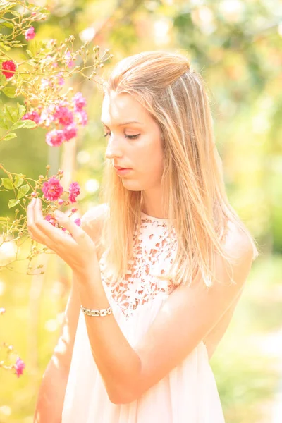 Retrato Mulher Loira Olhando Para Florescendo Arbusto Rosa Cão — Fotografia de Stock