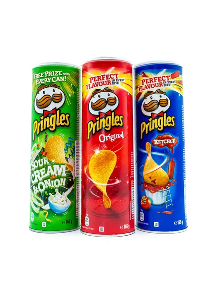 Trieste Italië Maart 2020 Pringles Buizen Drie Smaken Geïsoleerd Witte — Stockfoto