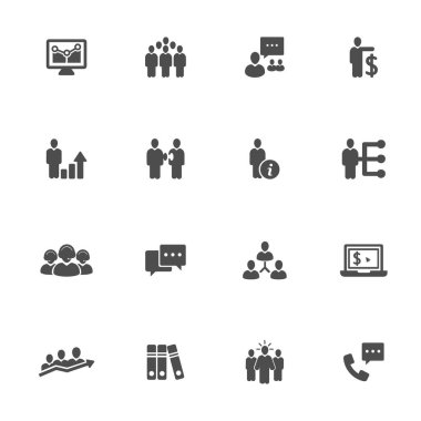 İş stratejisi gri renkli düz simgeler. 16 parçalık set.