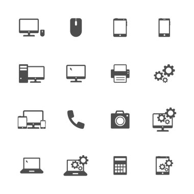 Gri renkli bilgisayar servis simgeleri. 16 parçalık set