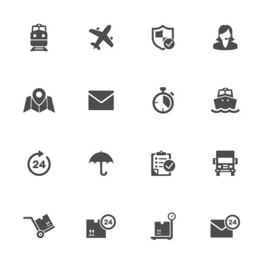 Lojistik ve teslimat servisi gri renkli düz simgeler. 16 parçalık set.