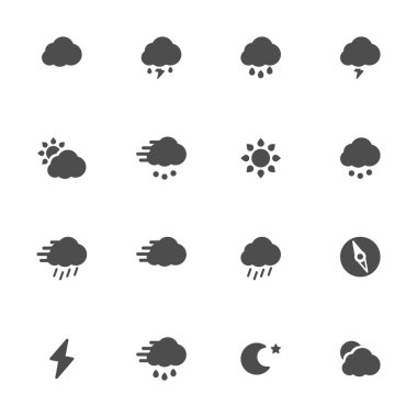 Meteorolojik düz gri simgeler. 16 parçalık set.