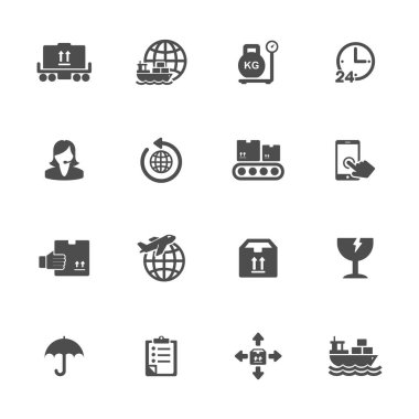 Teslimat servisi ve gri renkli lojistik simgeler. 16 parçalık set.
