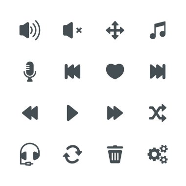 Gri renkte müzik iletişimi simgeleri. 16 parçalık set.