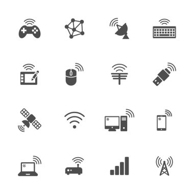 Wireless technology flat icons in gray. Set of 16 pieces. clipart