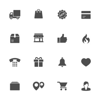 Web mağazasının gri renkli düz simgeleri. 16 parçalık set.