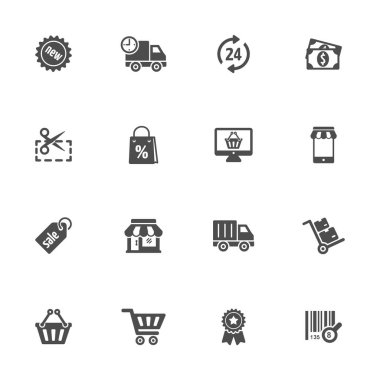 Düz simgeleri gri renkte depola. 16 parçalık set.