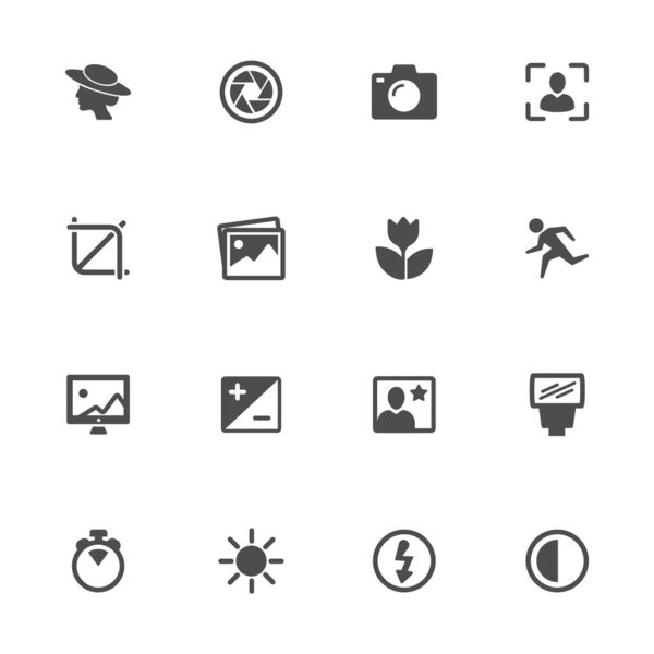 Инструменты камеры плоские иконки в сером. Комплект из 16 штук
