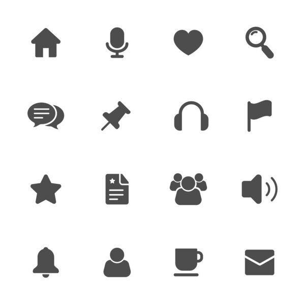 Web interface flat icons in gray. Set of 16 pieces.