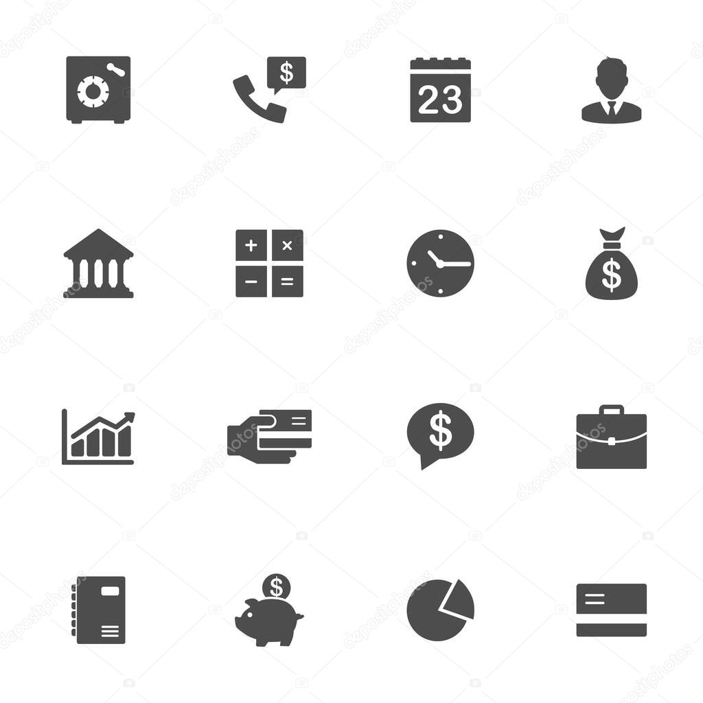 Business signs flat icons in gray. Set of 16 pieces. 