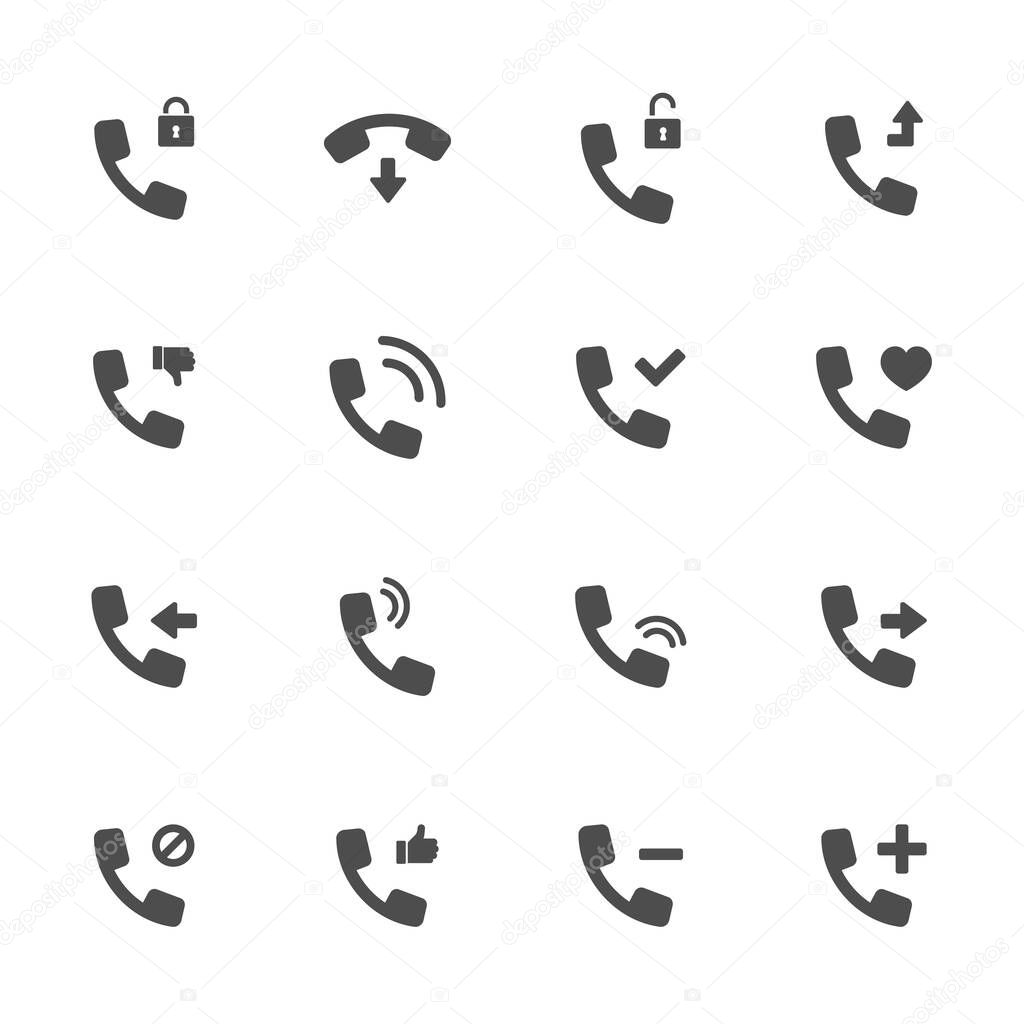 Call and connect flat icons in gray. Set of 16 pieces