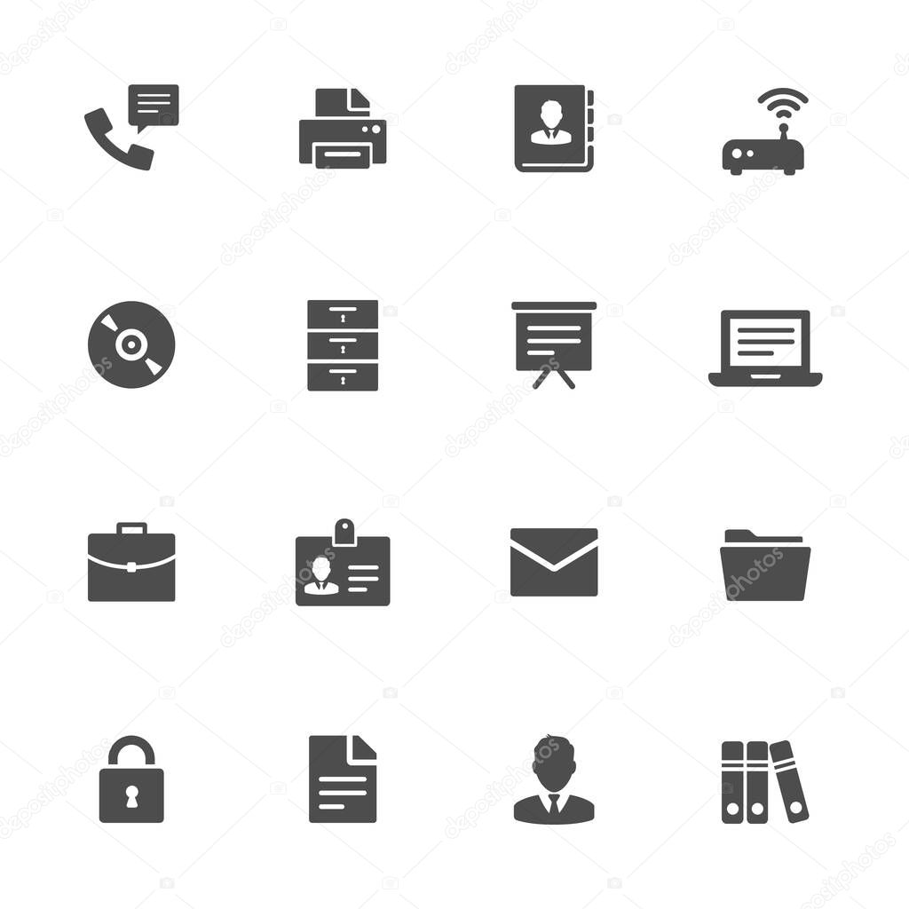 Business office flat icons in gray. Set of 16 pieces.