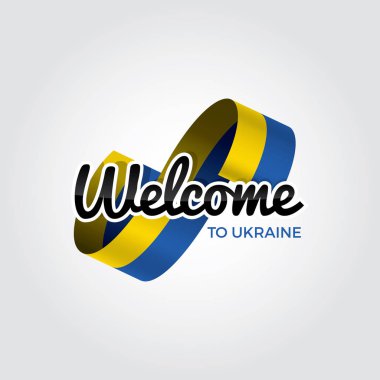 Beyaz zemin üzerinde bayrak olan Ukrayna sembolüne hoş geldiniz, basit modern logo, vektör illüstrasyonu