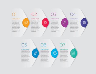 İş akışı düzeni, diyagram, yıllık rapor ve web tasarımı için bilgi tasarım vektörü ve pazarlama simgeleri kullanılabilir. 7 seçeneği, aşaması ya da süreci olan iş konsepti. - Vektör