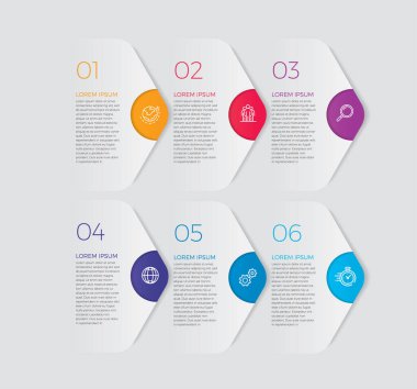İş akışı düzeni, diyagram, yıllık rapor ve web tasarımı için bilgi tasarım vektörü ve pazarlama simgeleri kullanılabilir. 6 seçeneği, aşaması ya da süreci olan iş konsepti. - Vektör