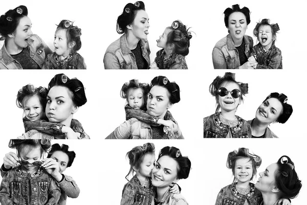 Sammlung von Fotos kleines Mädchen und ihre Mutter in Lockenwickler. — Stockfoto