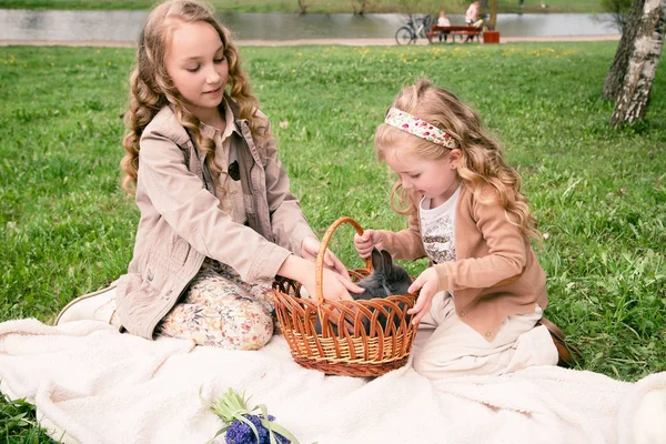Deux filles jouant avec le lapin dans le parc — Photo