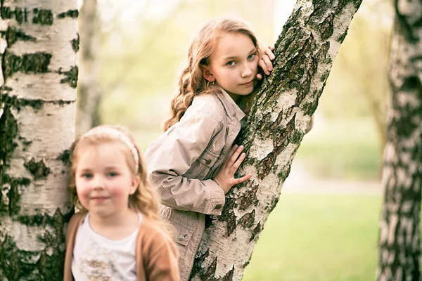 Két testvér a park fa kültéri játék lányok — Stock Fotó