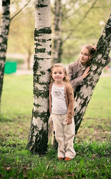 Δύο αδελφές κορίτσια που παίζουν στο πάρκο δέντρο εξωτερική — Φωτογραφία Αρχείου