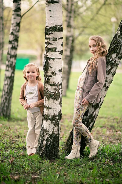 Deux sœurs filles jouer sur l'arbre du parc en plein air — Photo