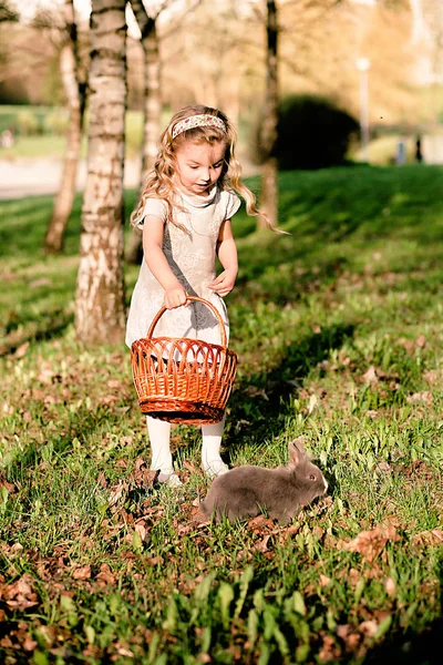 Ευτυχισμένος κορίτσι με κουνέλι στο καλάθι — Φωτογραφία Αρχείου