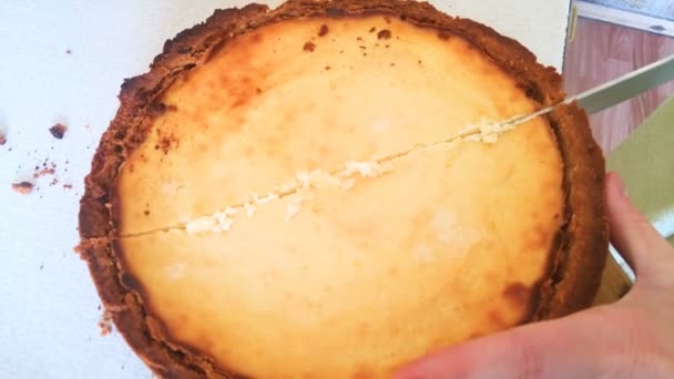 Pastel de queso fresco y delicioso cortado con cuchillo — Vídeo de stock