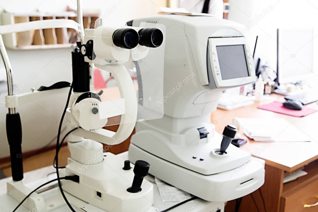 Modern eye testing device standing in the lab