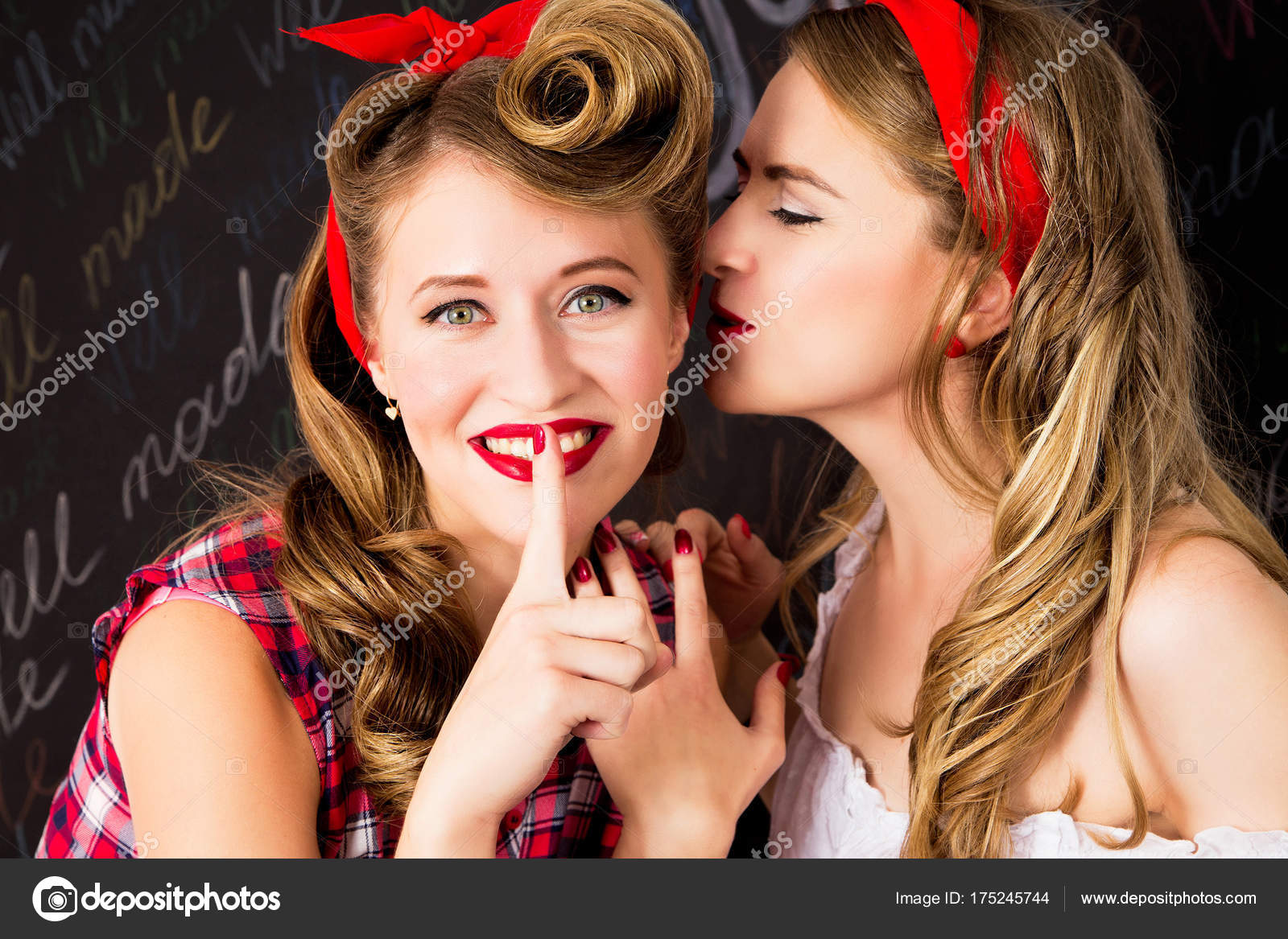 Beautiful Women Talking Girls In Pin Up Style With Perfect Hair