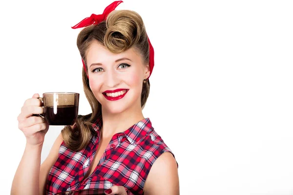 A young woman in the style of pin-up with a cup of coffee — Stock Photo, Image