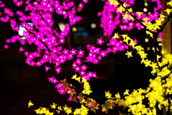 Noche de invierno en el parque. Guirnaldas amarillas y moradas en los árboles —  Fotos de Stock