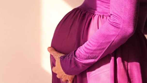 Femme enceinte caressant son ventre avec ses mains — Video