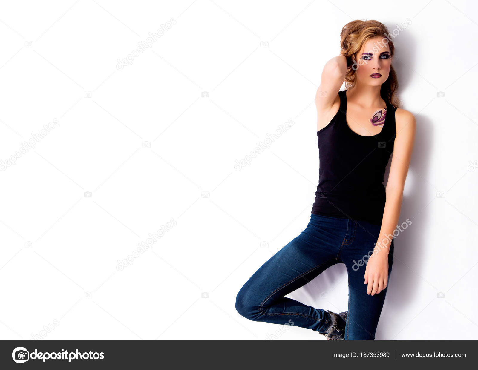 Beautiful Girl Model Posing In Jeans And T Shirt Stock Photo C Ribalka