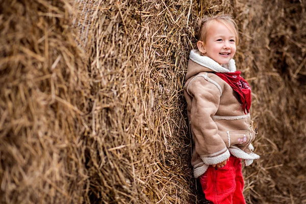 Una niña alegre al lado de un pajar —  Fotos de Stock