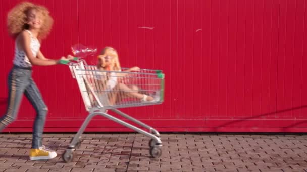 Kudrnatá Blondýnka Tričku Puntíkem Modrých Džínách Nosí Holčičku Vozíku Která — Stock video