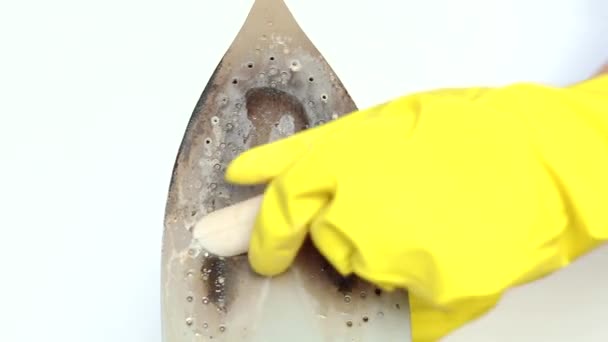 Female Hands Yellow Gloves Clean Dirty Surface Iron Special Pencil — Stock Video