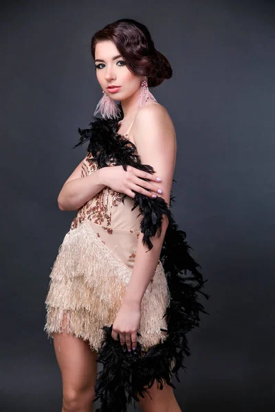 Sensual Brunette Beautiful Woman Boa Ostrich Feathers Black Background Verycal Stock Image
