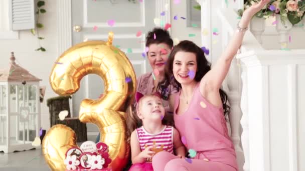 Birthday Girl Years Old Mom Grandmother Have Fun Slow Motion — Stock Video