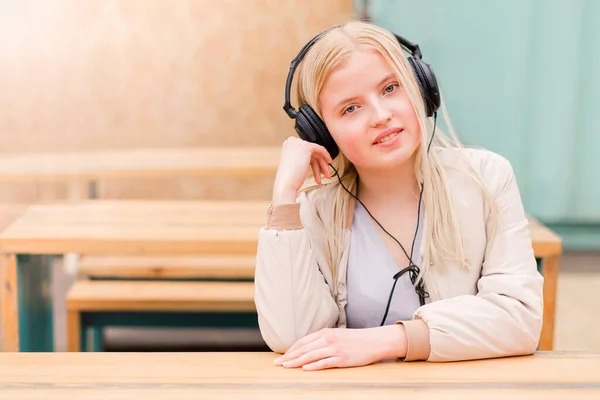 Satisfied Woman Breathing Fresh Air Listening Music Headphones Horizontal Photo — Stock Photo, Image