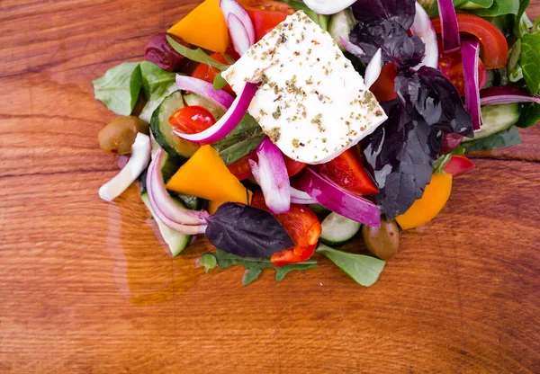 Salad Feta Cheese Fresh Vegetables Cucumber Tomato Pepper Herbs Olives — Stock Photo, Image