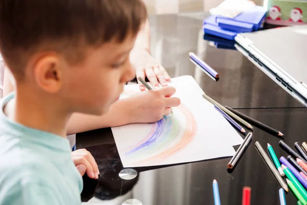 Boy Girl Brother Sister Draw Rainbow Together Pencils White Sheet — Stock Photo, Image