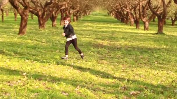 Niño Feliz Corre Alrededor Del Huerto Manzanas Juega Con Manzana — Vídeo de stock