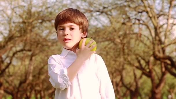 Petit Garçon Chemise Blanche Regarde Caméra Tourne Une Pomme Dans — Video