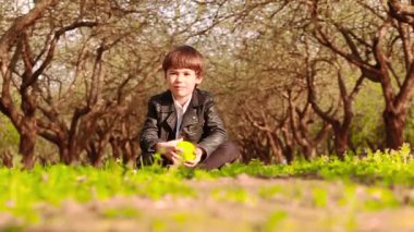 Küçük bir çocuk elma bahçesinde yerde oturuyor ve kameraya yeşil bir elma yuvarlıyor. Yavaş çekim videosu