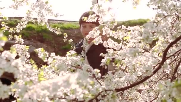 Kwitnące Drzewa Parku Chłopiec Patrzy Kamerę Przez Gałęzie Kwitnących Drzew — Wideo stockowe