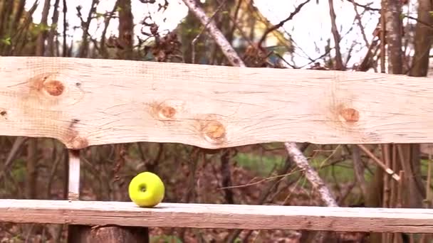 青苹果在木制长椅上打滚 慢动作视频 — 图库视频影像